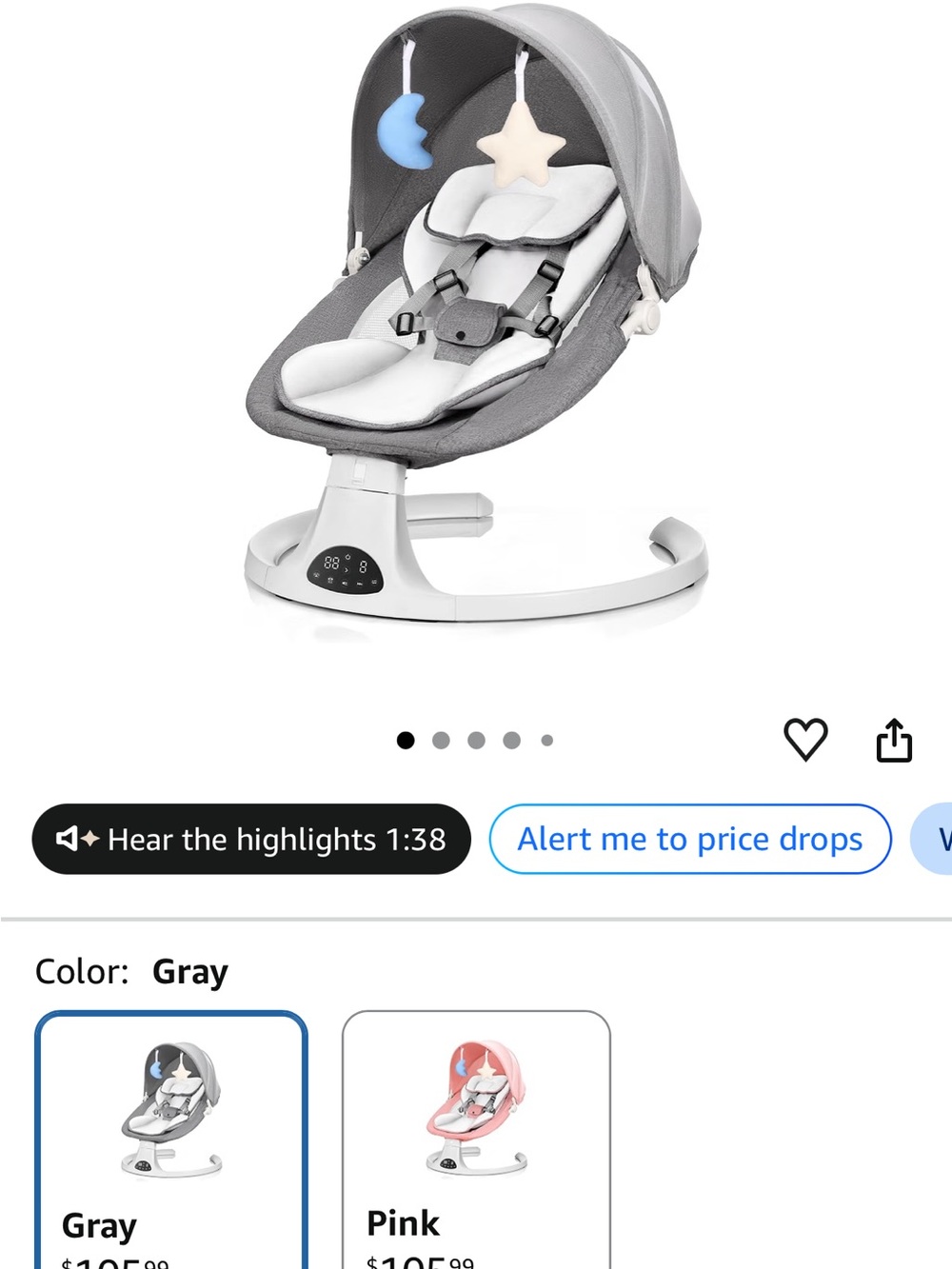 Gray Baby Rocker & Swing Seat with Hanging Moon and Star Toys